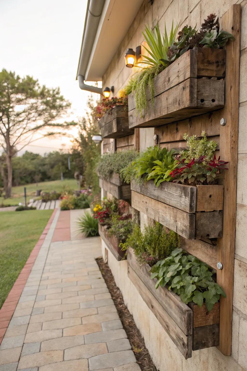 Highlight sustainability with reclaimed wood planters.