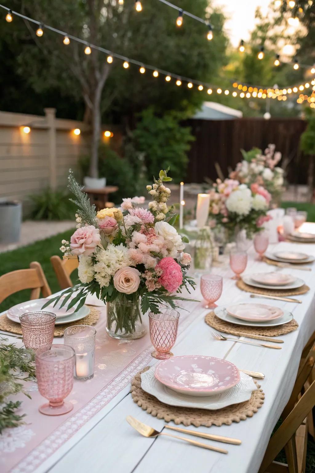 A sophisticatedly organized tablescape perfect for an open-air baby shower.