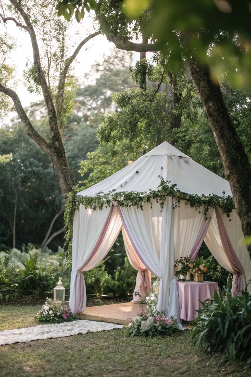 Soft drapery transforms the tent into a dreamy haven.