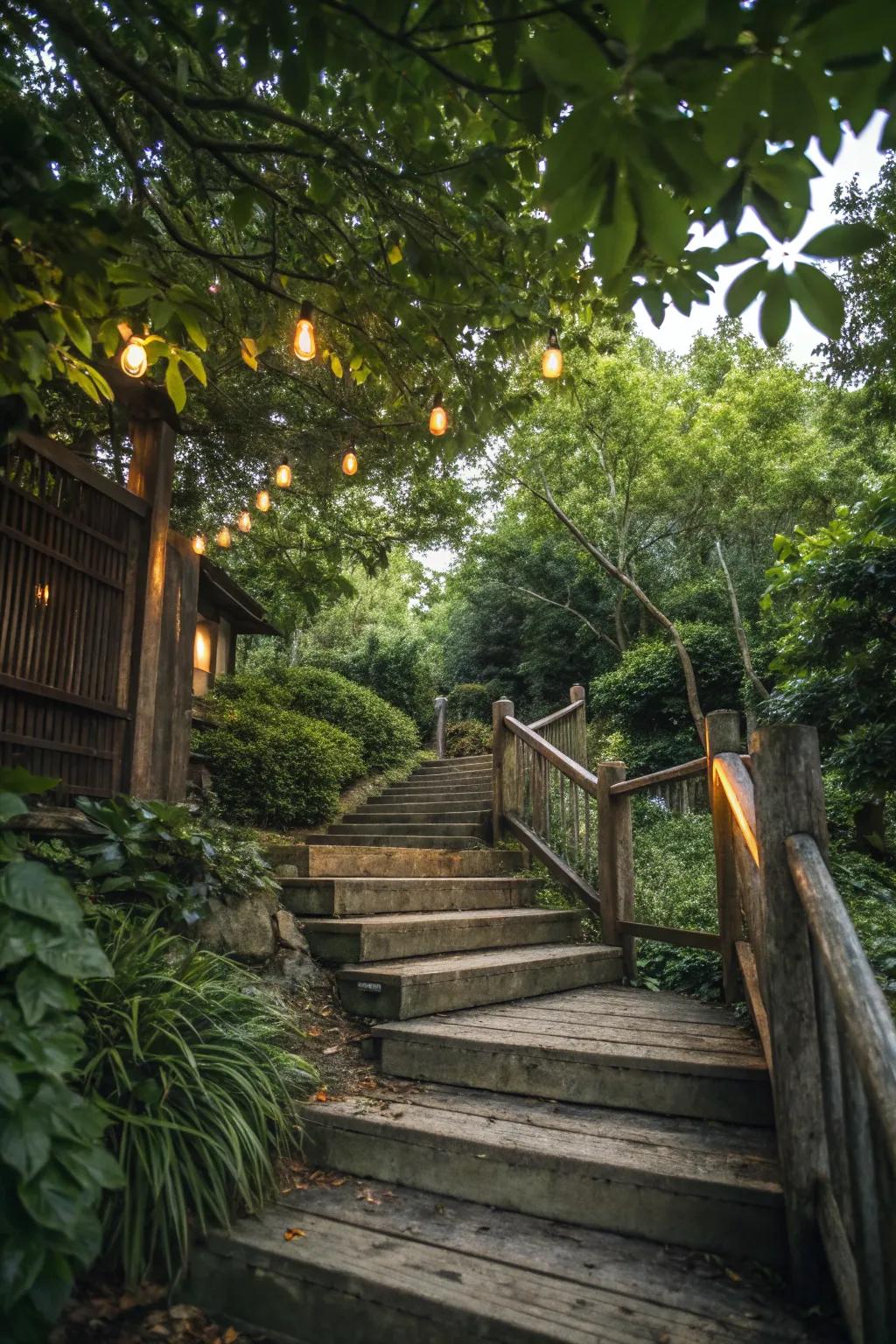 Cozy wooden stairs illuminated by gentle lights.