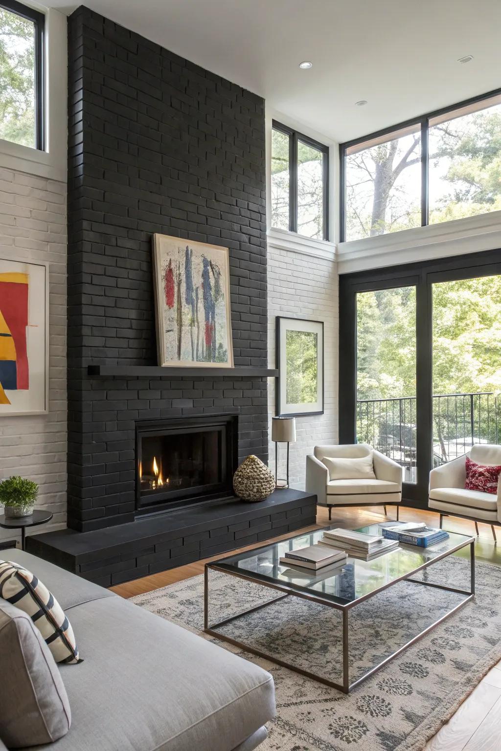 A black-painted brick fireplace crafting a stunning point of focus.