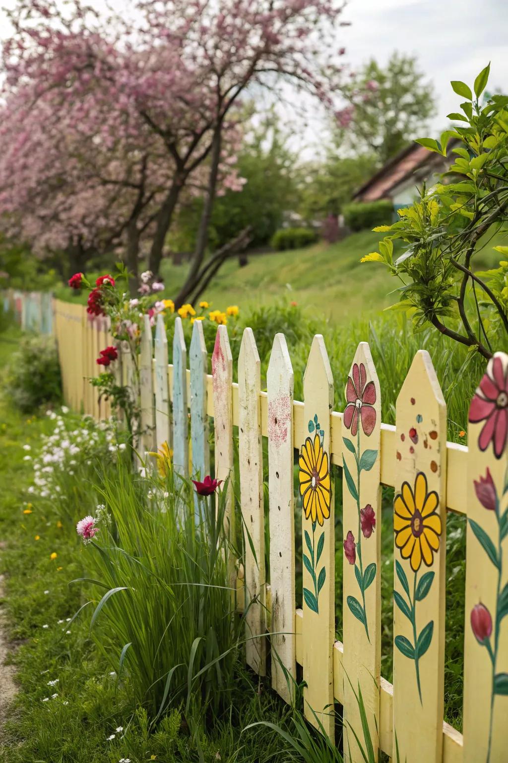 A picturesque picket fence brought to life with meticulously hand-painted floral patterns.