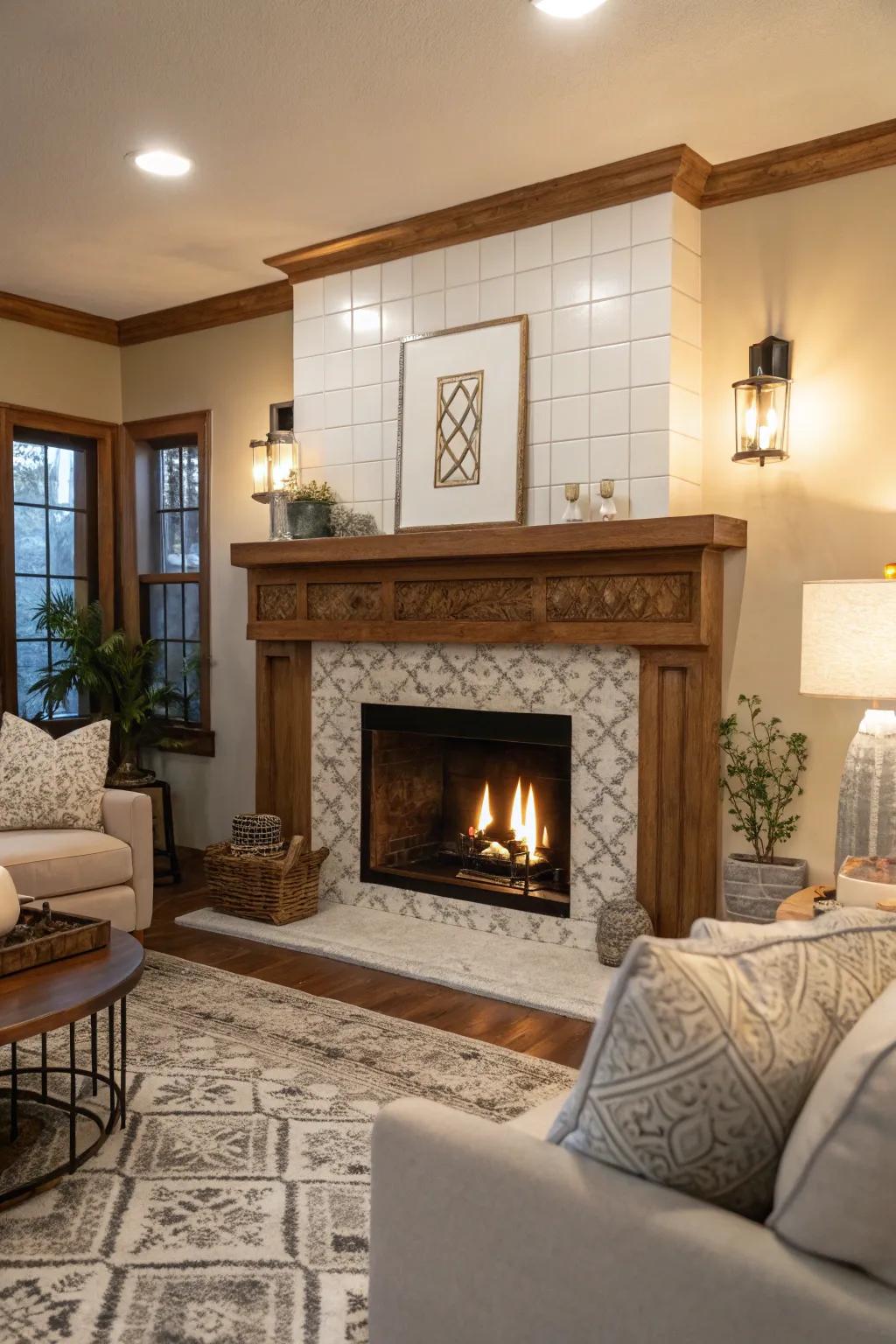 Achieve a serene and elegant look with white-painted fireplace tiles.