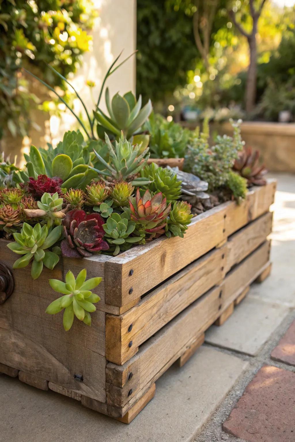 Transform your garden with this stylish pallet succulent display, where craftsmanship meets nature.