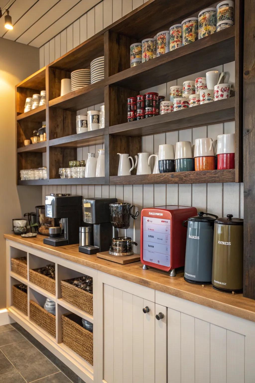 Tall, slender shelves turn a pantry into a well-ordered coffee haven.