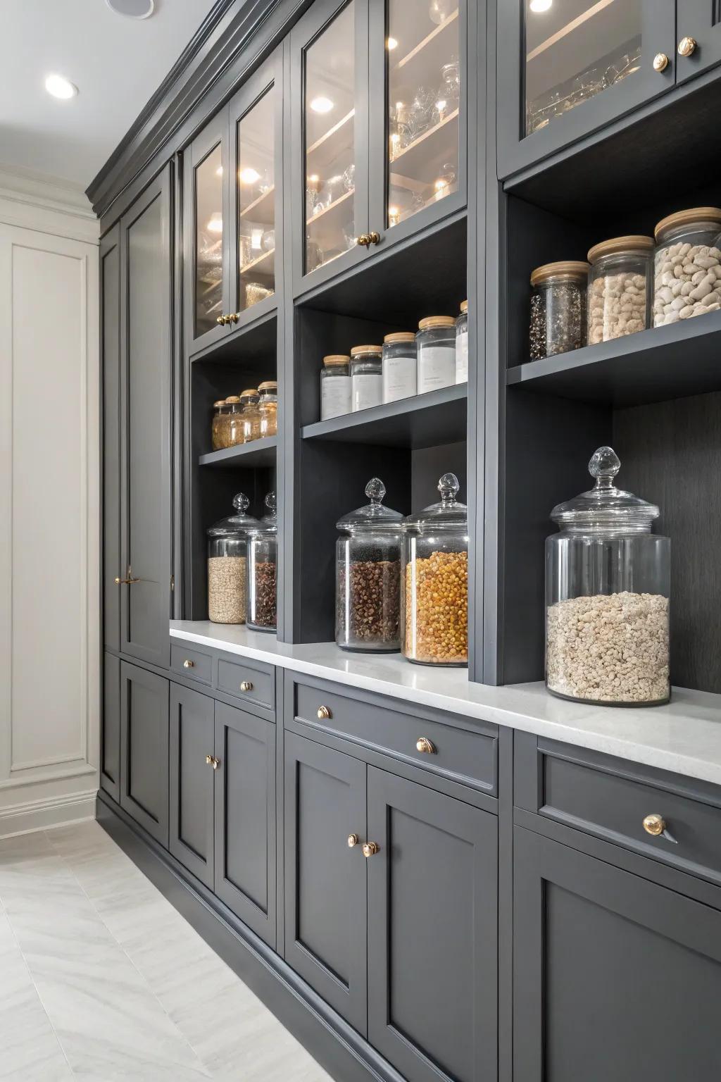 A dramatic dark gray pantry with sleek metallic touches.