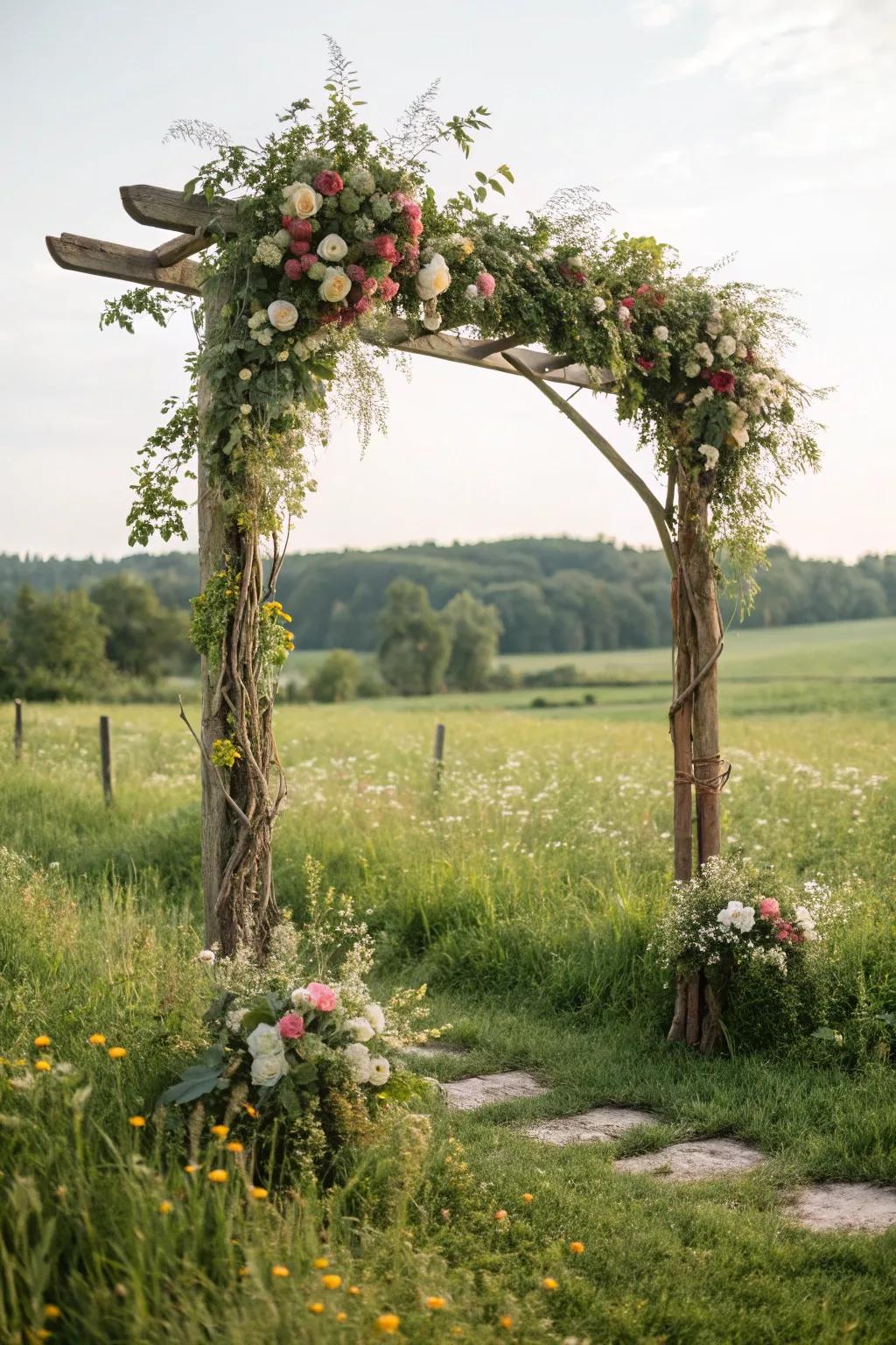 A down-to-earth portal embellished with greenery and blossoms.