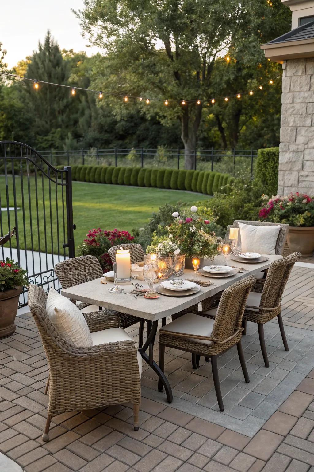 An elegant dining space on a paver patio, ready for entertaining.
