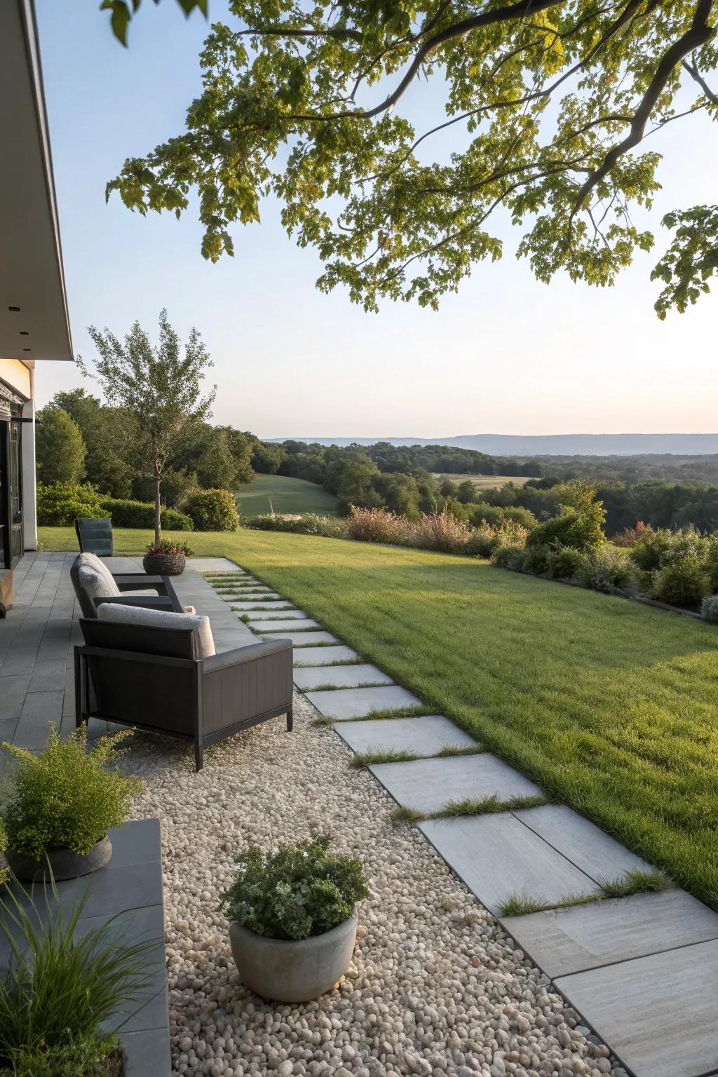 Gravel strips add a modern touch and functionality to your patio transition.