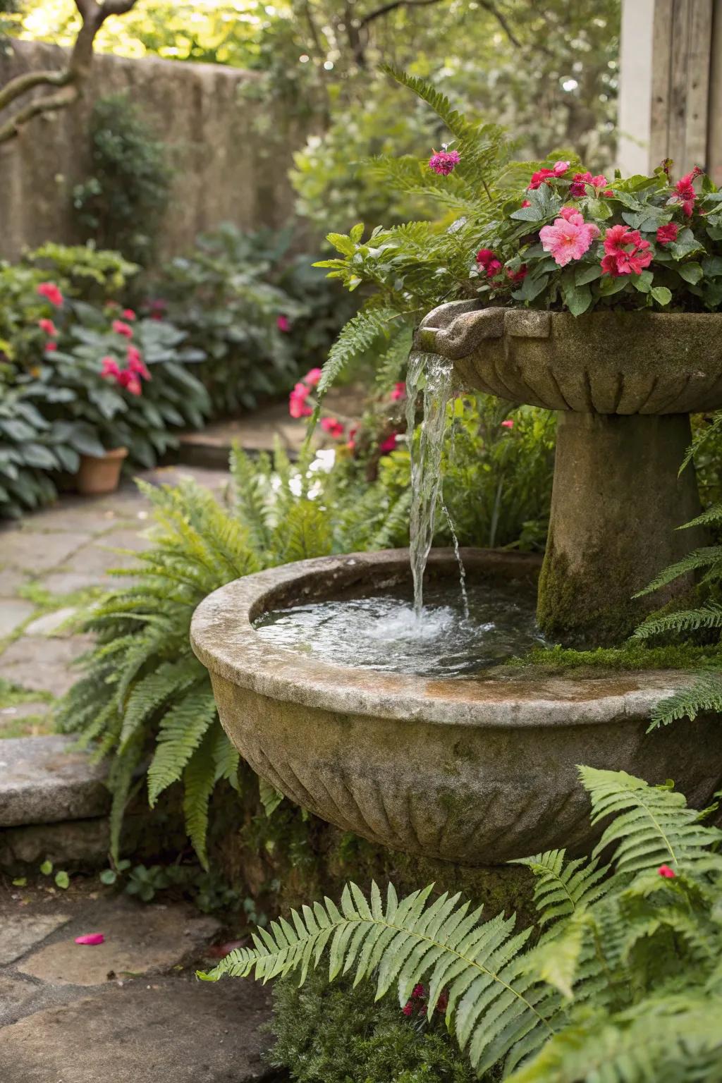 A serene spring offers calming sounds in the garden.