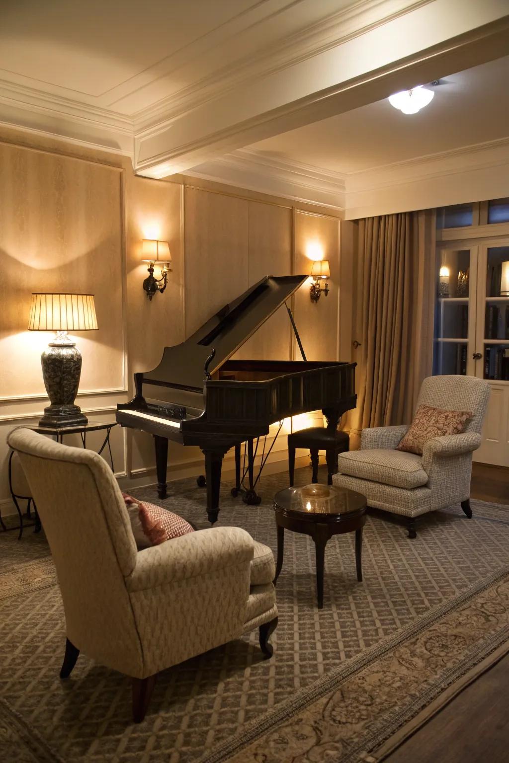 A comfortable corner encourages guests to relax and enjoy the music.