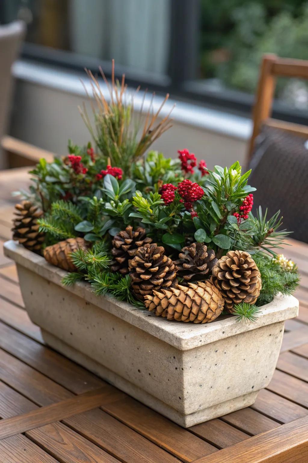 Pinecones introduce both visual intrigue and practical moisture retention to planters.