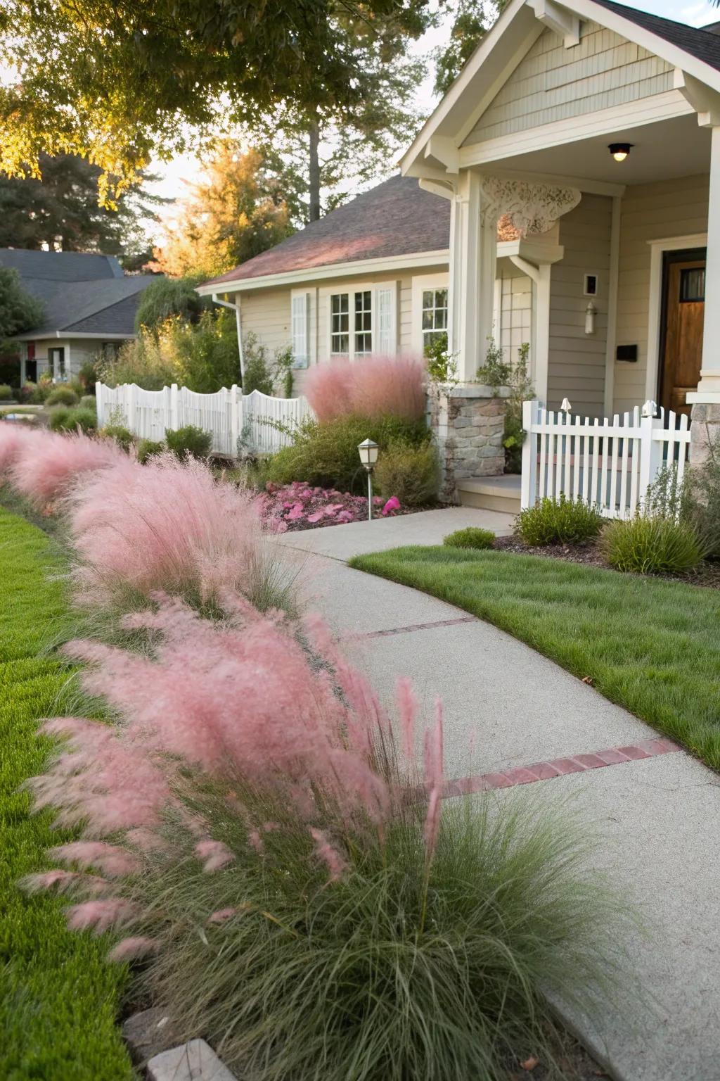 Make a striking first impression with pink muhly grass.