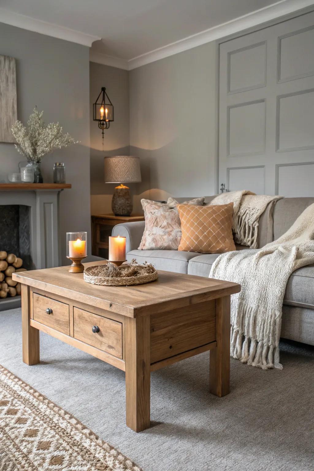 Wooden elements add warmth to a grey palette.