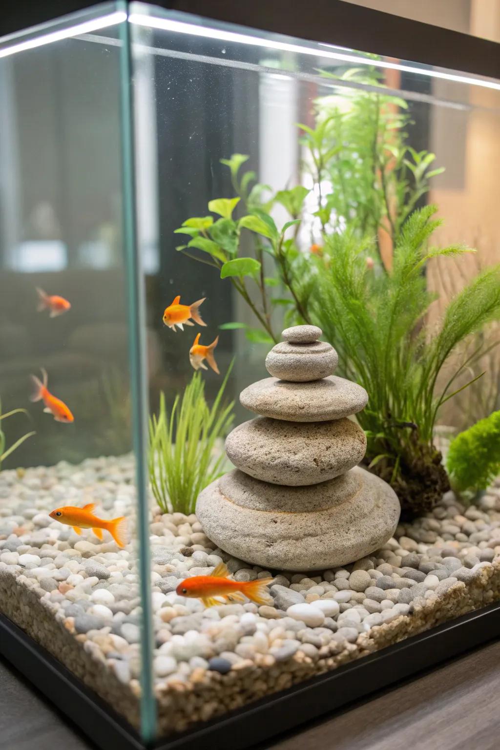 Discover tranquility with this Scandinavian-inspired goldfish tank, where natural stones meet vibrant life.