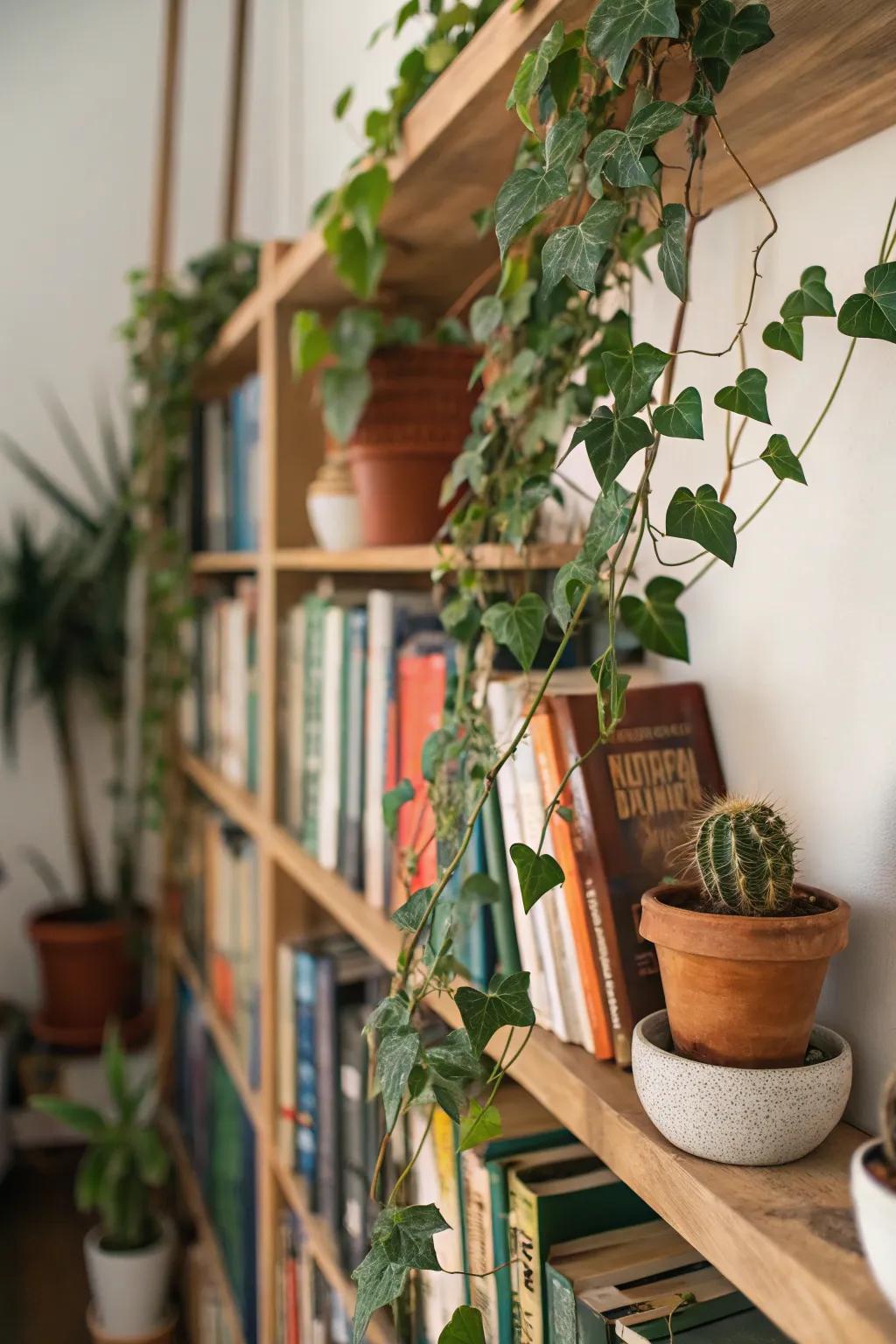 Design a dynamic bookshelf with plants and literature.