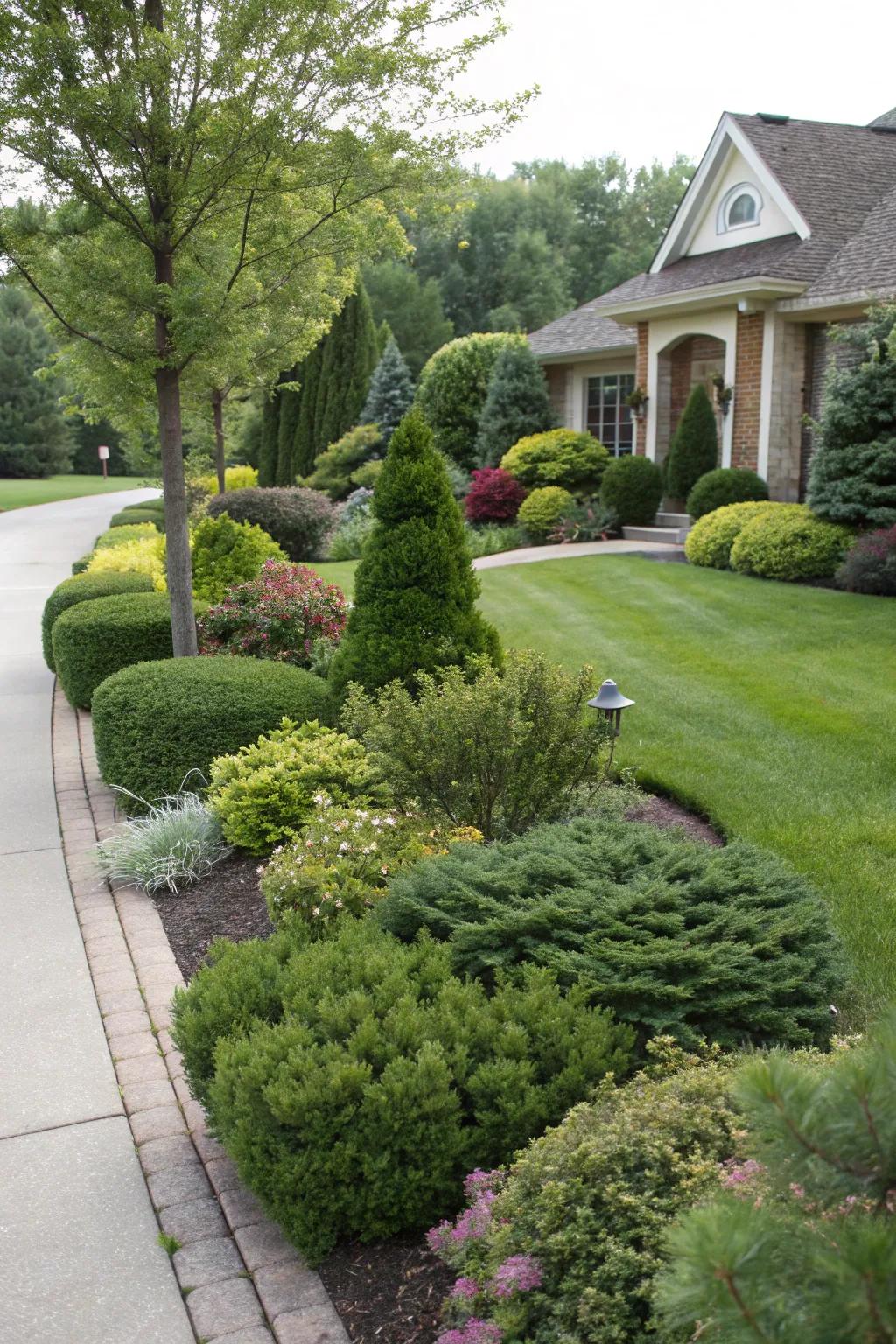 Varied shrub heights enrich the front yard's visual depth.