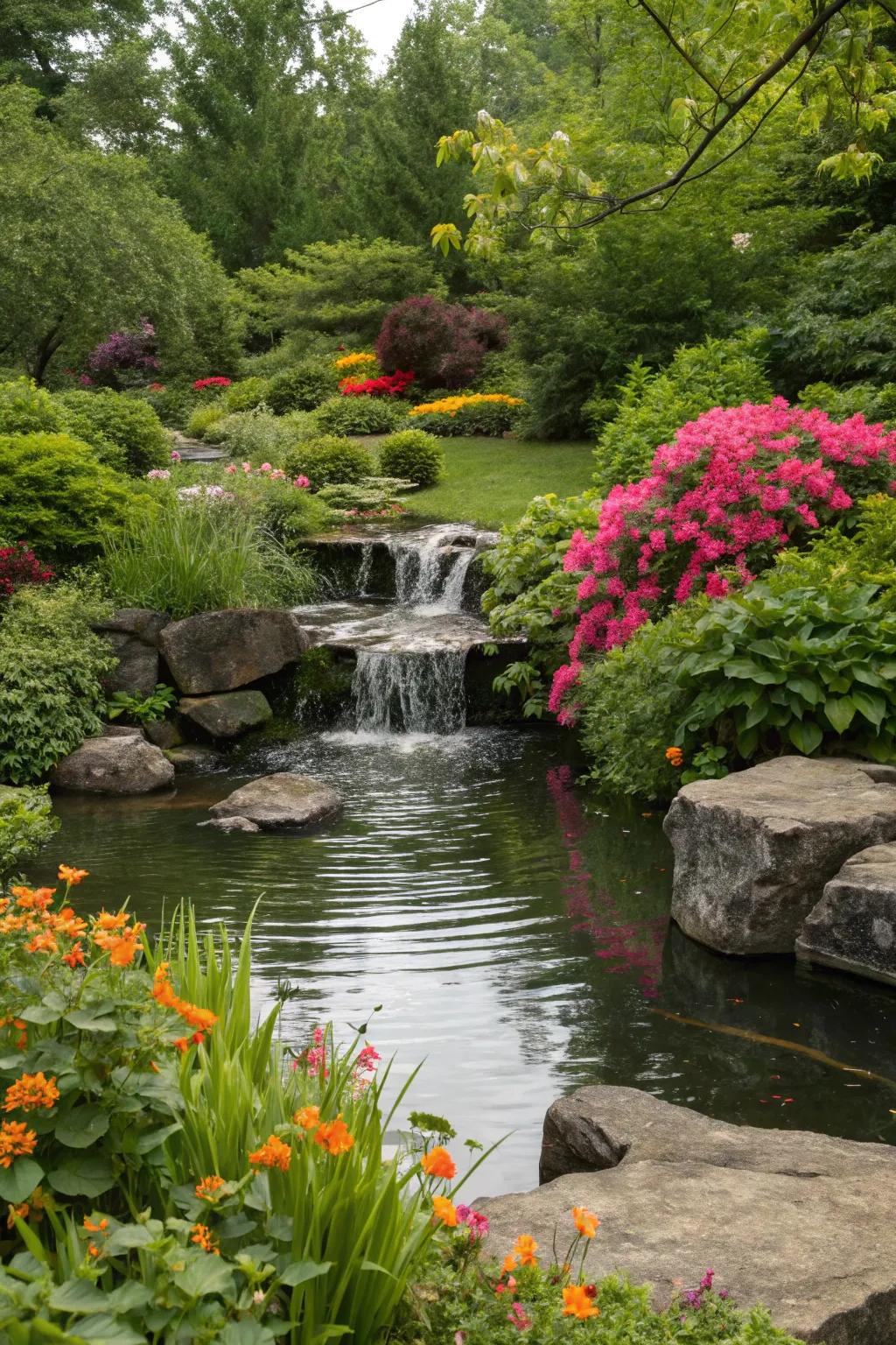 A pond featuring a cascading waterfall, creating calming sounds and visual appeal.