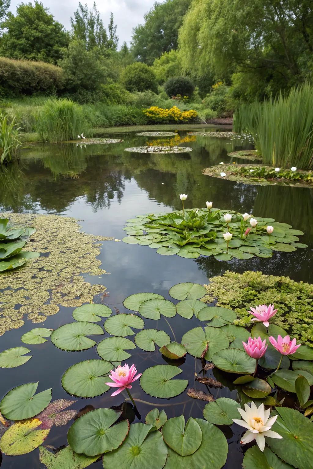 A flourishing pond abundant with different types of water-based flora.