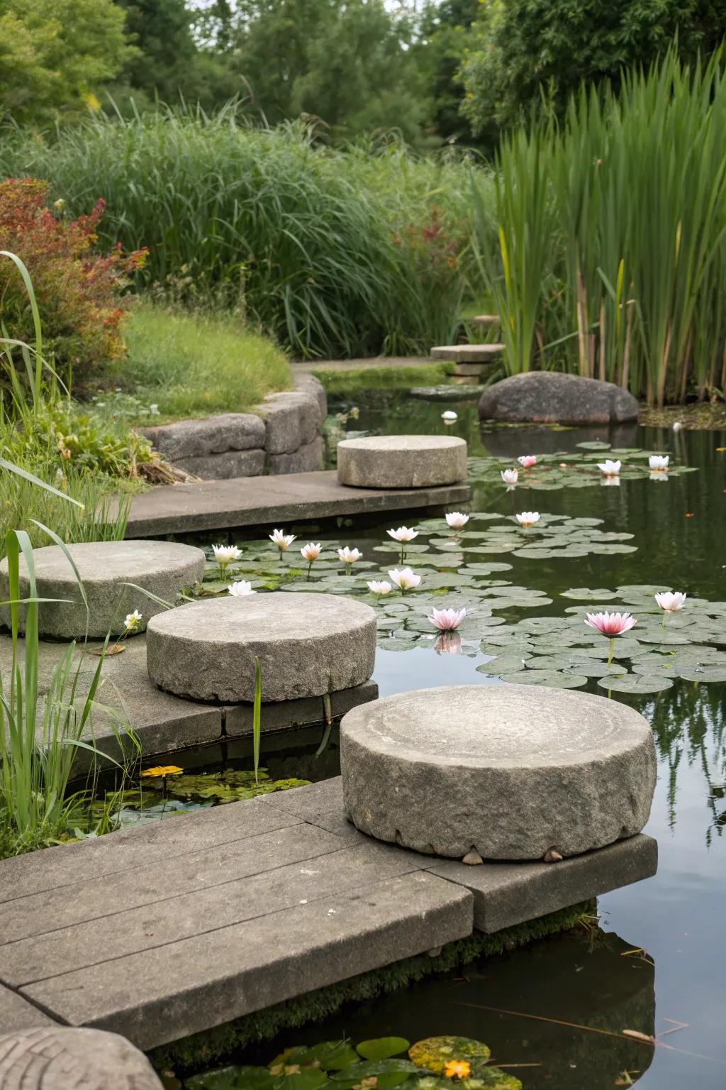 Stone seating blends naturally with pond surroundings.