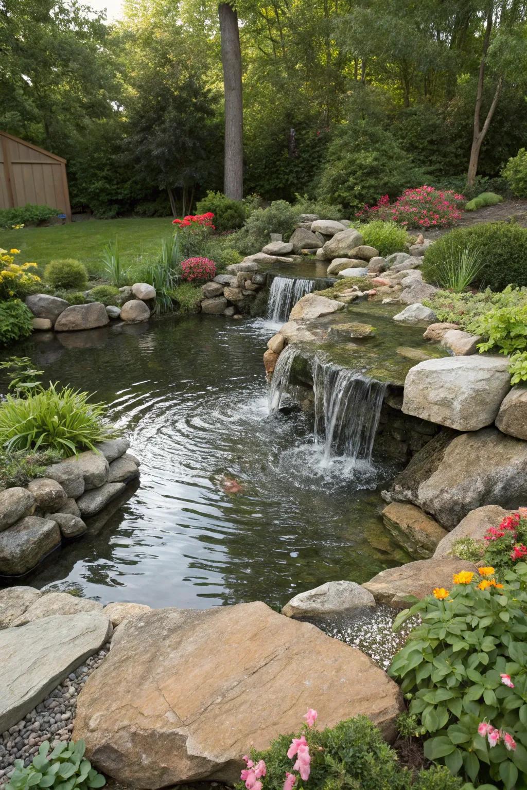 A water spout accent contributes both dynamism and sound to your pond stream.