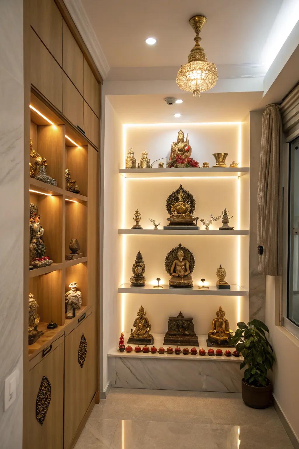 A spacious arrangement for deities to enhance your spiritual experience.