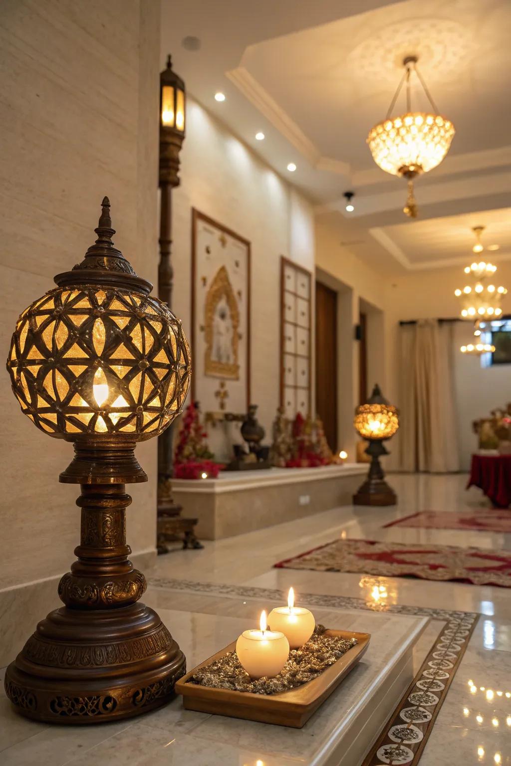 Gentle illumination crafts a peaceful and inviting setting in this pooja room.
