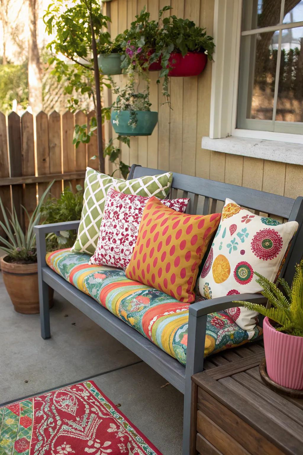 Bright cushions enliven a simple porch bench.