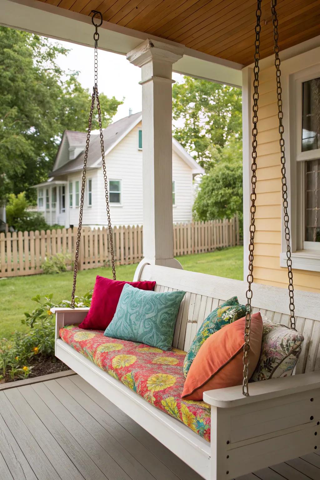 A cozy seating area with a swing and colorful cushions.