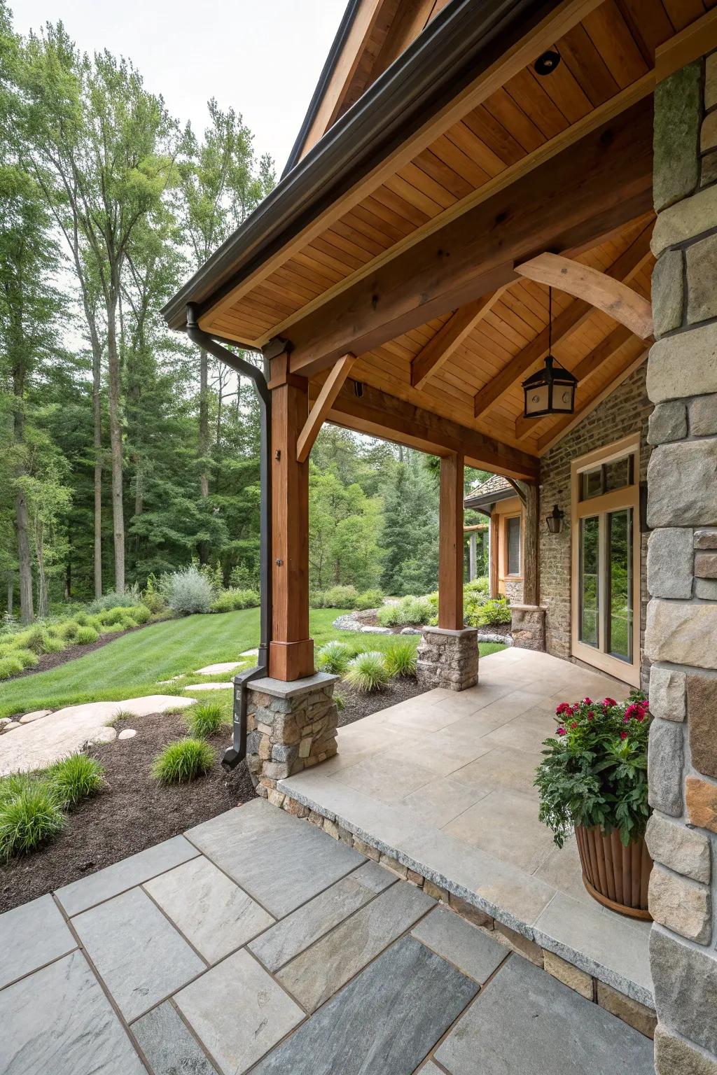 A porch extension with wood and stone elements blending with natural surroundings.