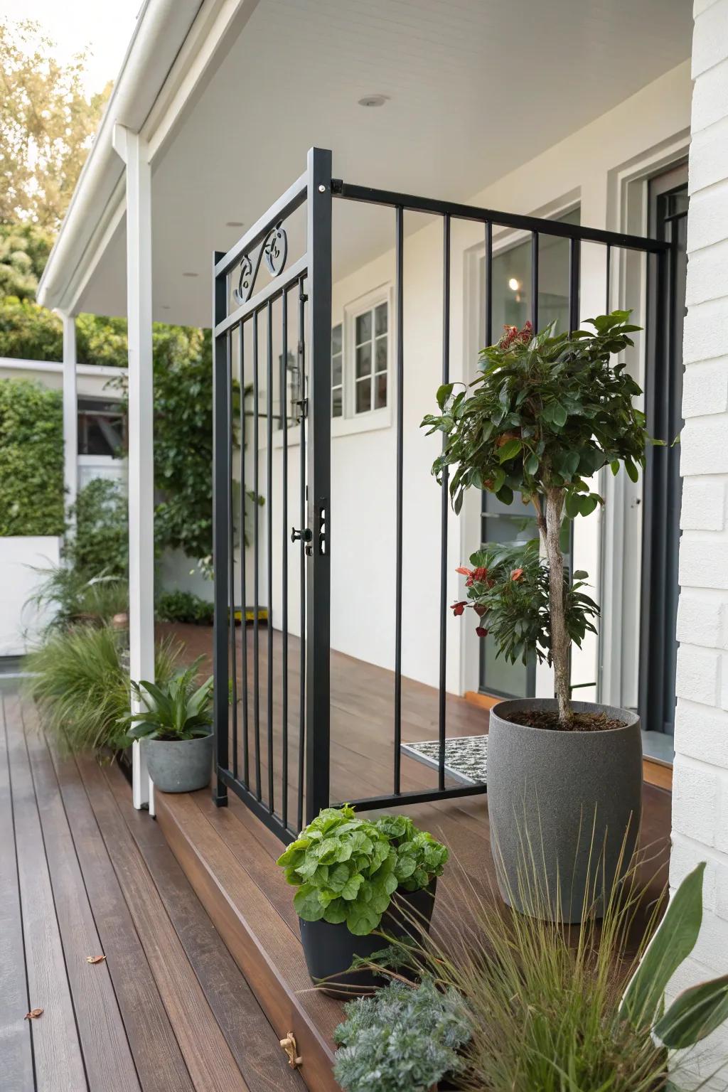 A sleek metal gate complements a modern porch design.