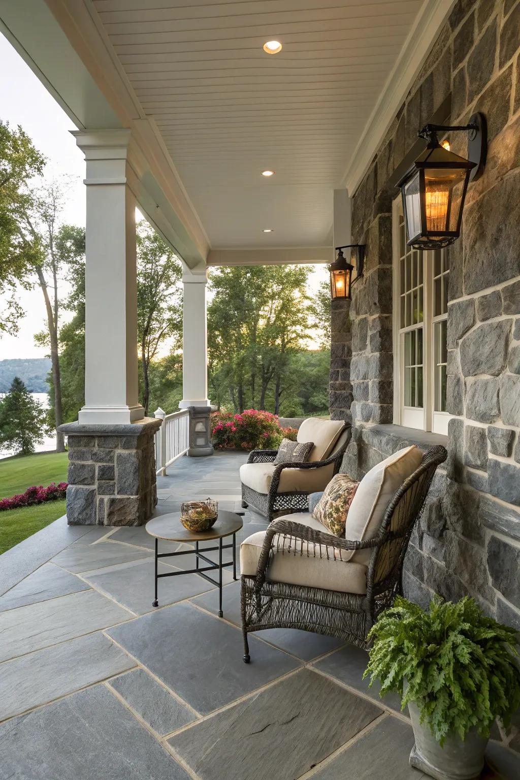 An elegant stone knee wall enhancing a porch's beauty.
