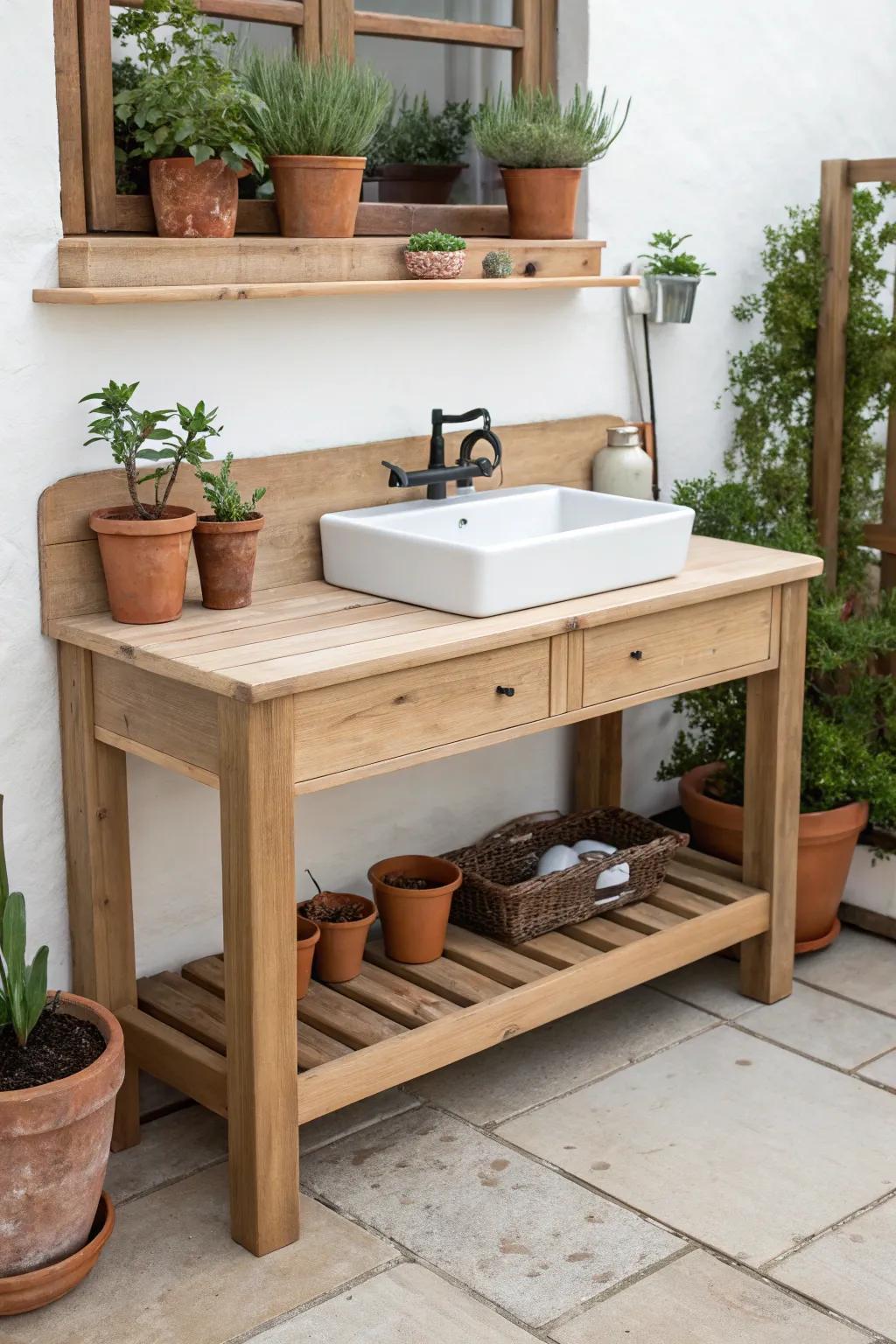 Transform your gardening routine with a chic potting bench featuring a built-in sink – where simplicity meets functionality.