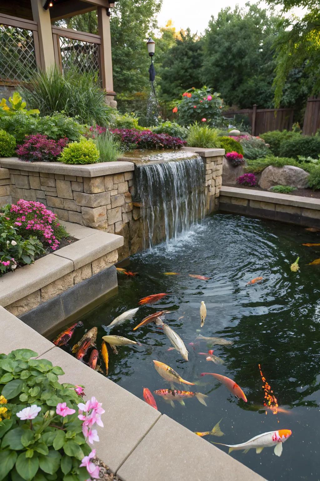 An elevated koi pond enhanced by a descending cascade.