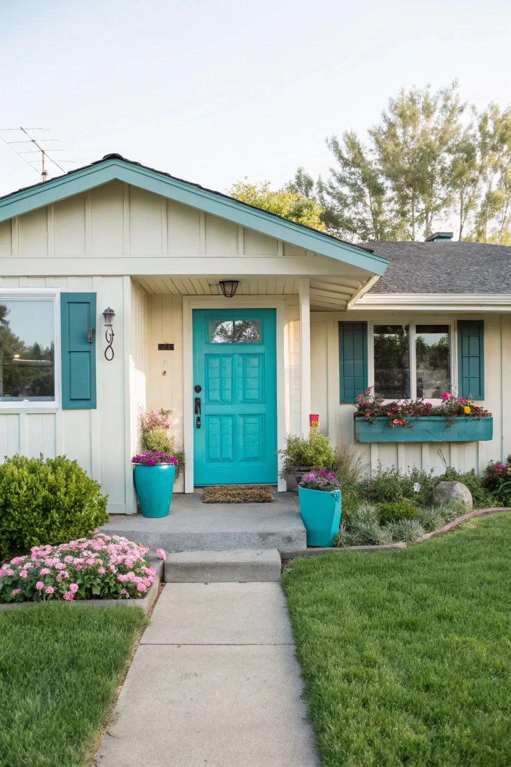 A turquoise front door breathes life and personality into this ranch home.