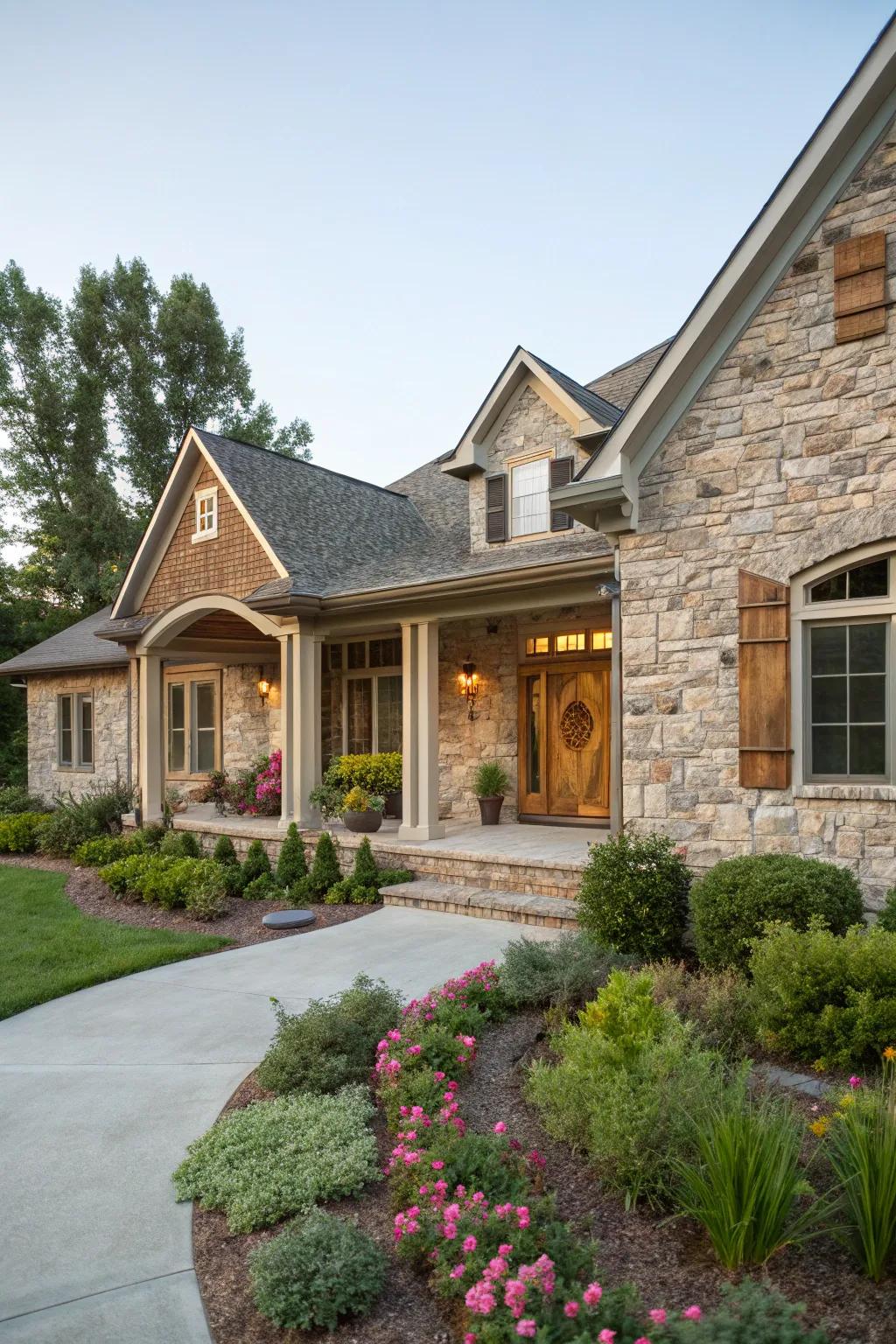 Stone overlay converts this ranch house into a stately residence.