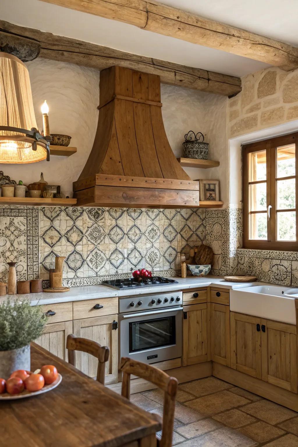 A rustic-style kitchen featuring a timber vent hood paired with a delightful tile splash guard.