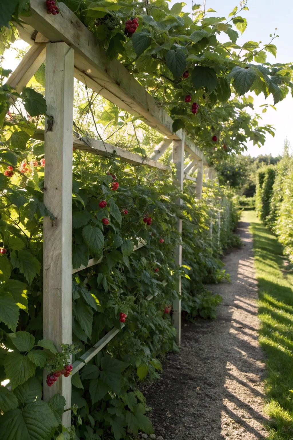 An H-shaped trellis offers strong support to raspberry stalks.