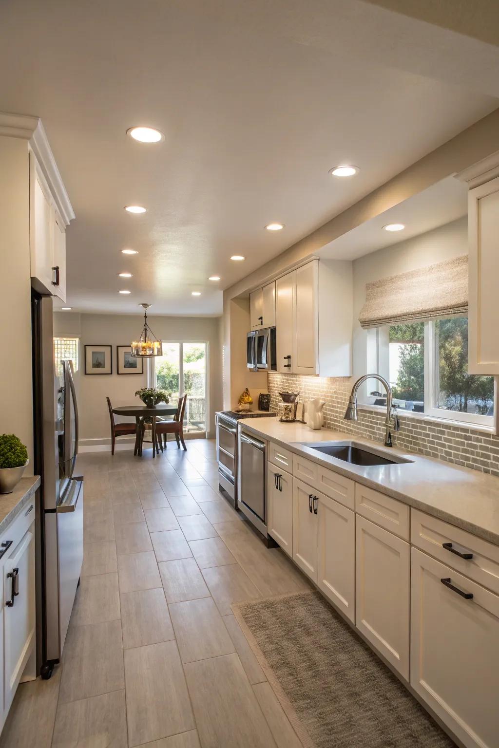 Downlights enhance the open layout of a small kitchen.