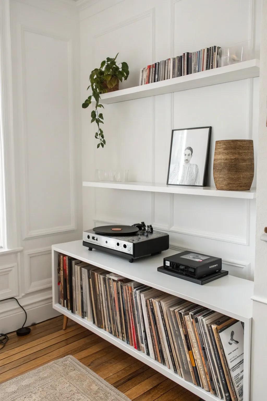 Minimalist floating shelf setup for a record player.