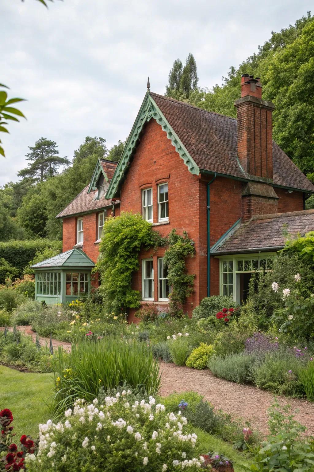 Sage green trim imparts a natural and elegant feel to red brick homes.