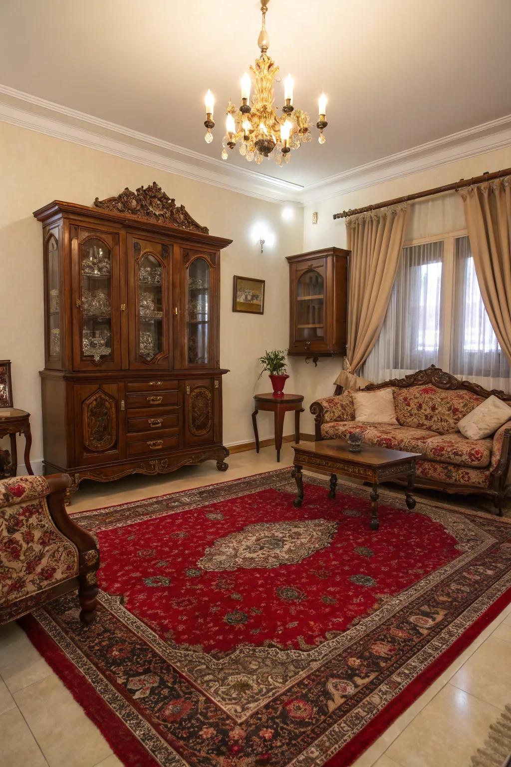 A traditional lounge area enhanced by a crimson weave inspired by Persian artistry.