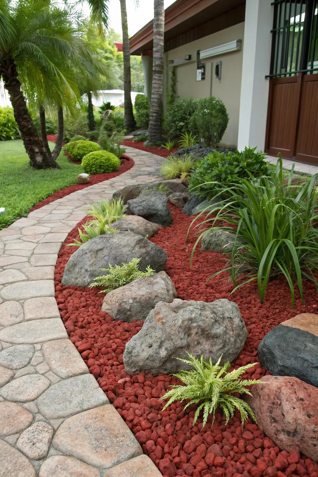 Larger stones paired with red lava rock add depth and texture to the garden.