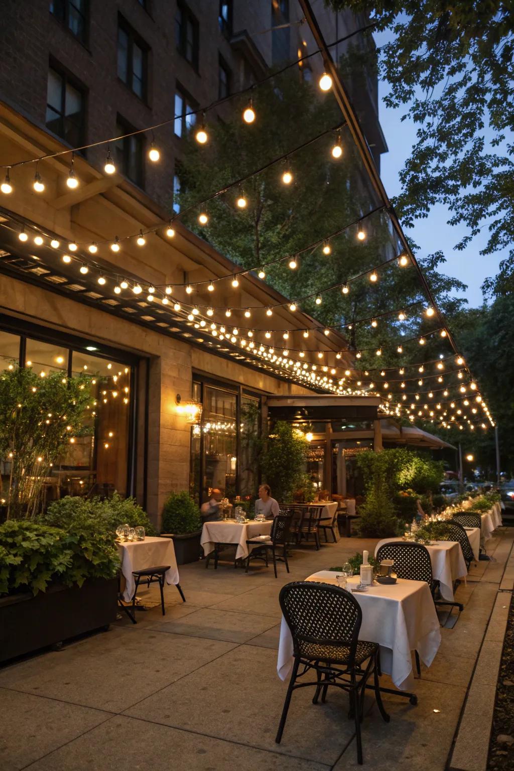 A restaurant patio transformed by a canopy of string lights for a magical ambiance.