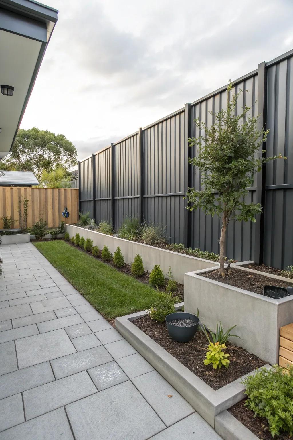 A minimalist garden featuring modern metal panel fencing.