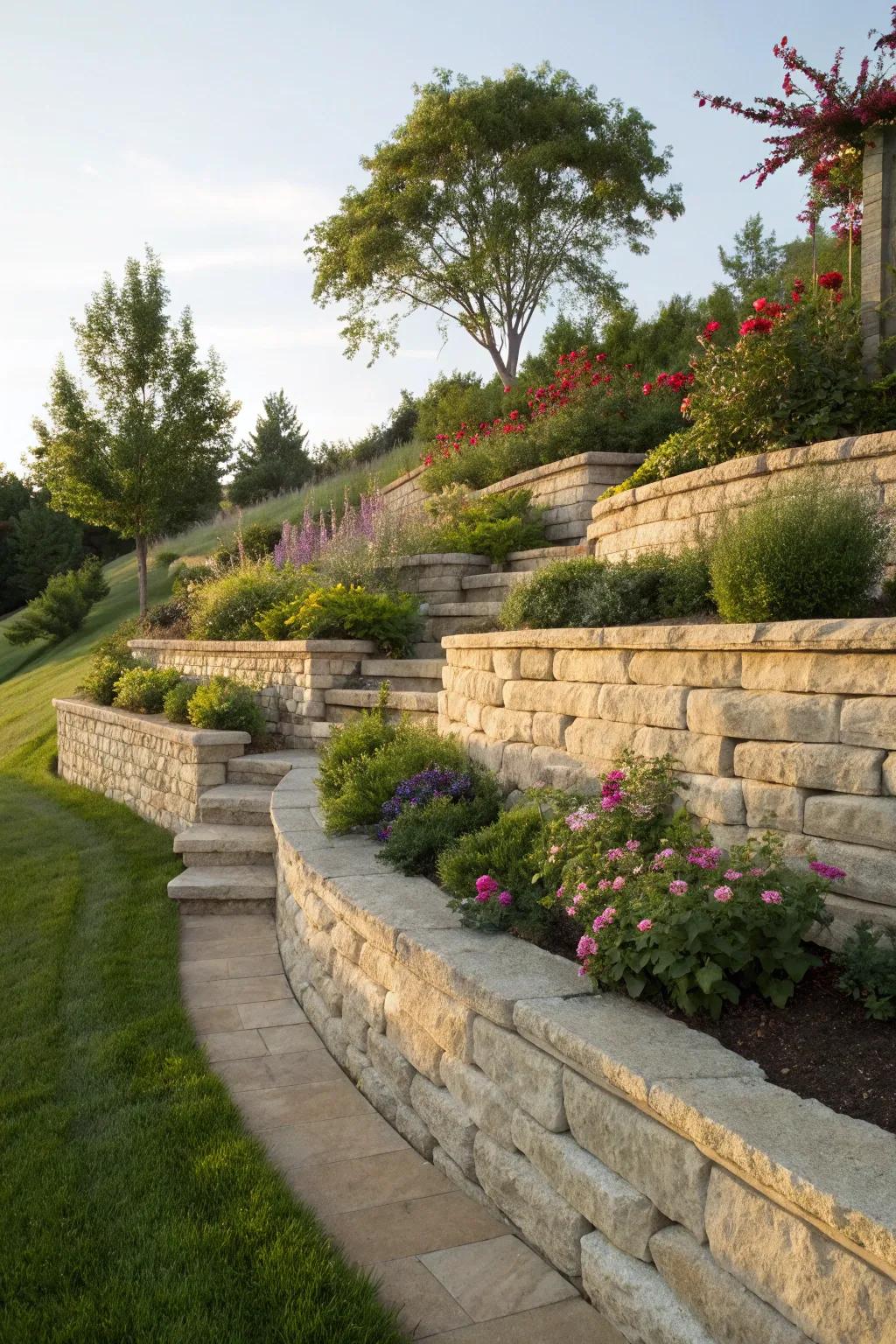 Revamp your slope into a tranquil getaway featuring layered retaining walls harmonizing craftsmanship and nature.