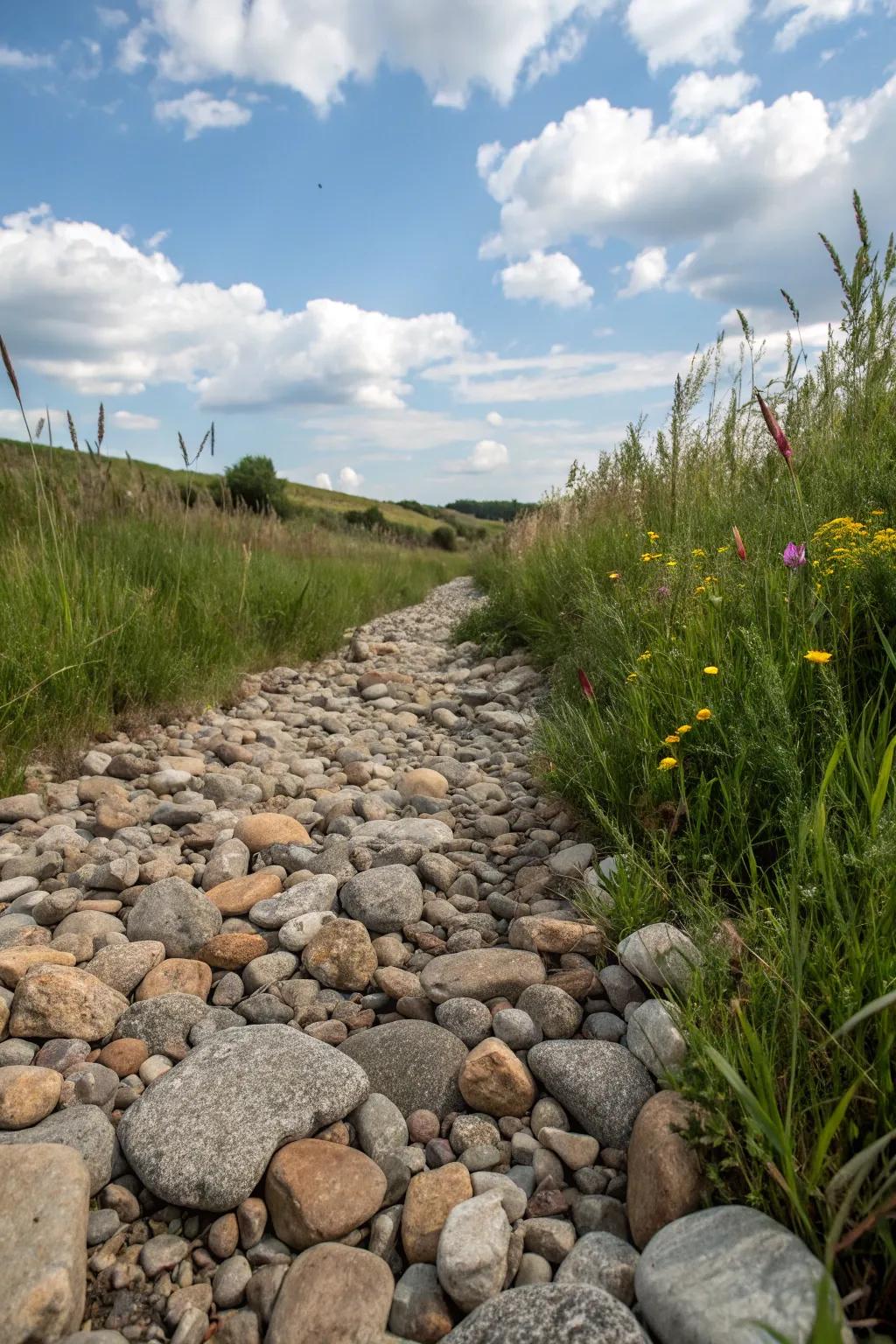 A dry streambed enriches the texture and visual appeal of this garden landscape.