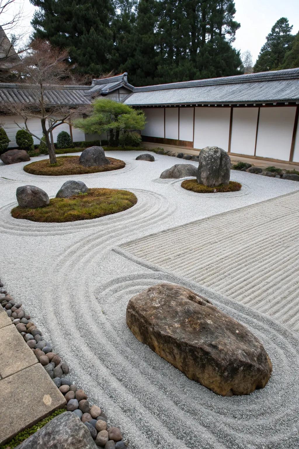 A peaceful contemplative garden showcasing symbolic stone arrangements for a reflective panorama.