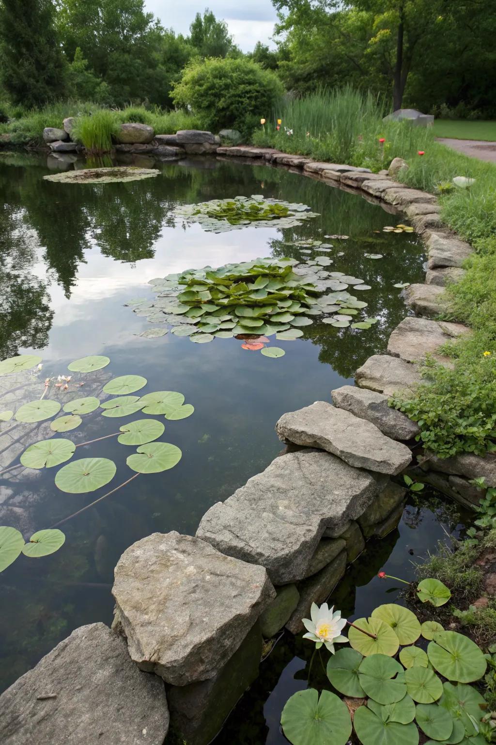 A tranquil stone-lined pool showcasing lily pads and gentle waves.