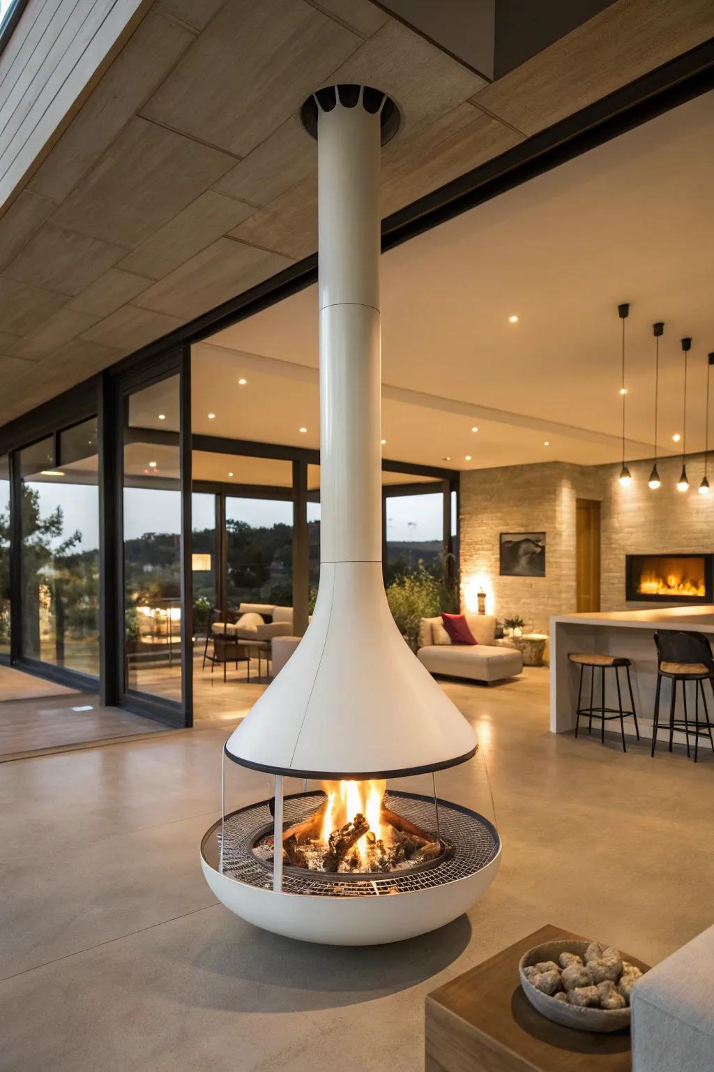 A floating fireplace offers warmth and an unobstructed view for an open-plan living area.